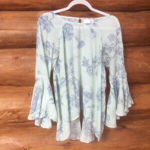 Lauren Conrad Floral Fairy Wide Bell Sleeve Boho Split Back Top Size Large